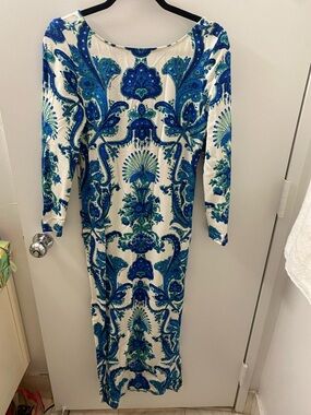 Cara Cara Luxury White and Blue Printed Long-Sleeve Maxi Dress